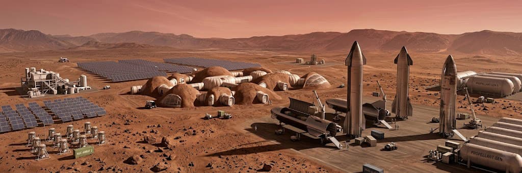 A Mars surface colony with habitat domes, solar arrays, and landed starships